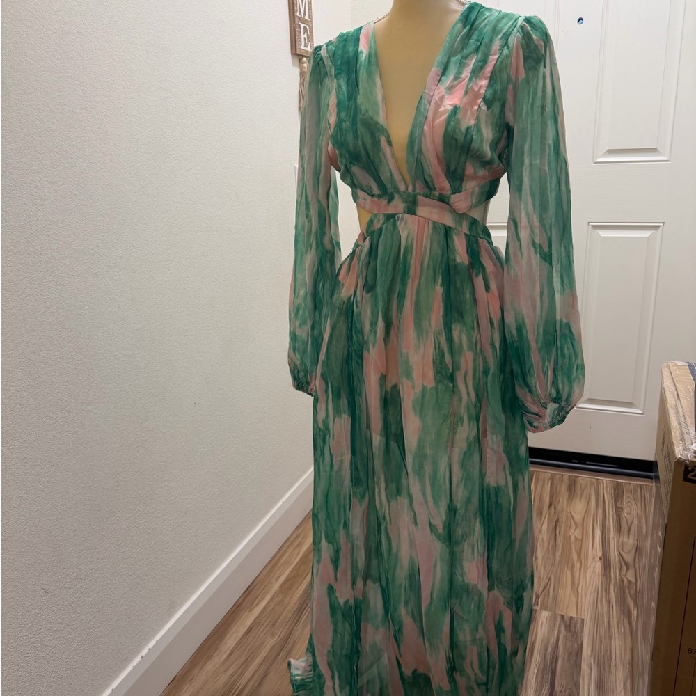 Green and Pink Watercolor V-Neck Maxi Dress